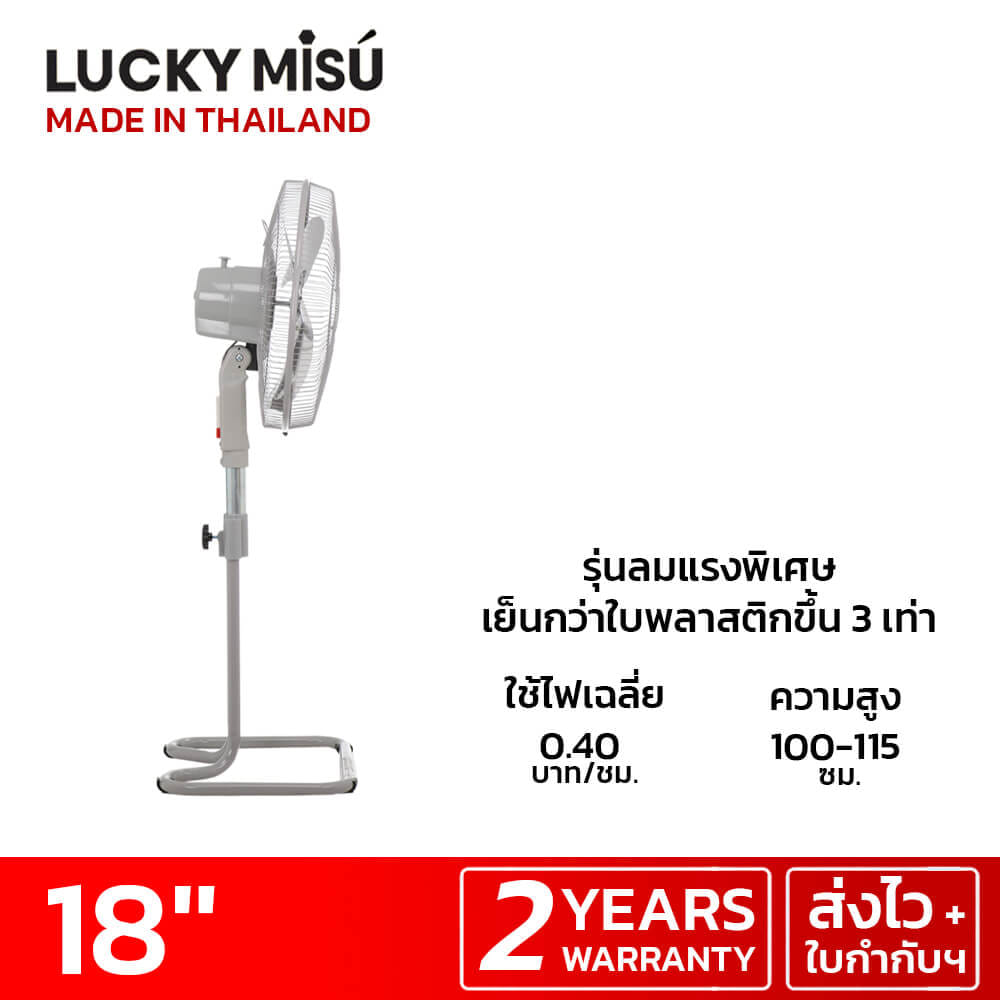 พัดลมอุตสาหกรรม 18 นิ้ว ลัคกี้มิตซู LM324 สีเทา ใบเงิน รุ่นขากบ พัดลมประกอบแล้ว_7